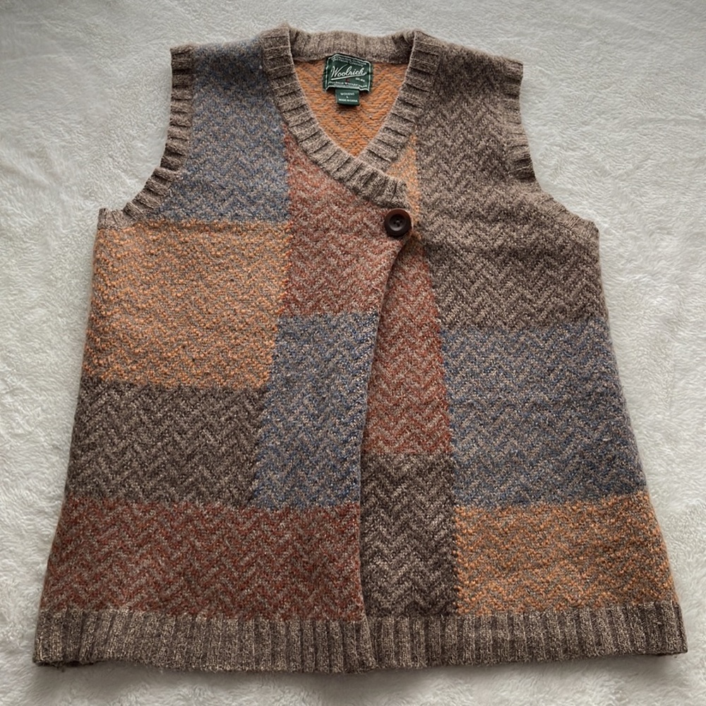 Vintage Woolrich Patchwork Chevron Knit Pattern Lambswool Sweater Vest Size L** - Picture 3 of 12